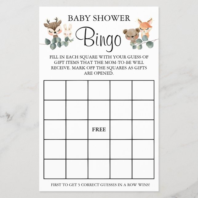 Woodland Baby Shower Bingo game card Flyer (Front)