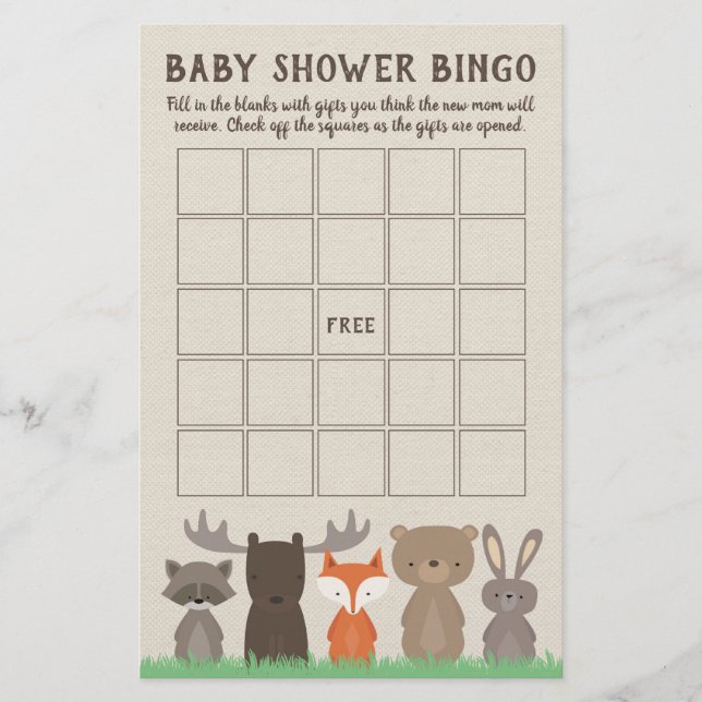 Woodland Baby Shower Bingo Game Cards Flyer (Front)