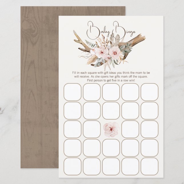 Woodland Baby Shower Bingo Game – Rustic Boho Wate (Front/Back)