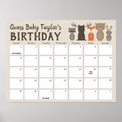 Woodland Baby Shower Birthday Prediction Calendar Poster