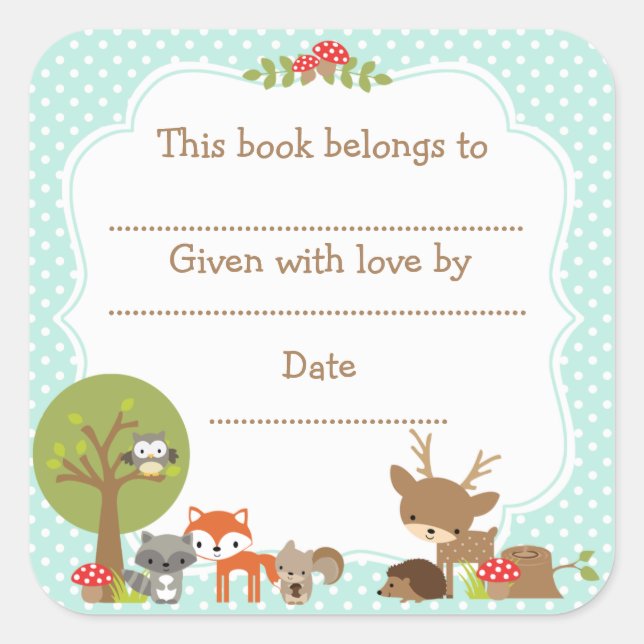 Woodland Baby Shower Bookplate sticker blue (Front)