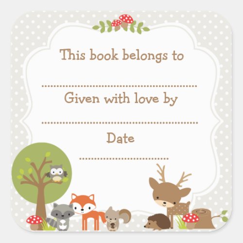 Woodland Baby Shower Bookplate sticker gray