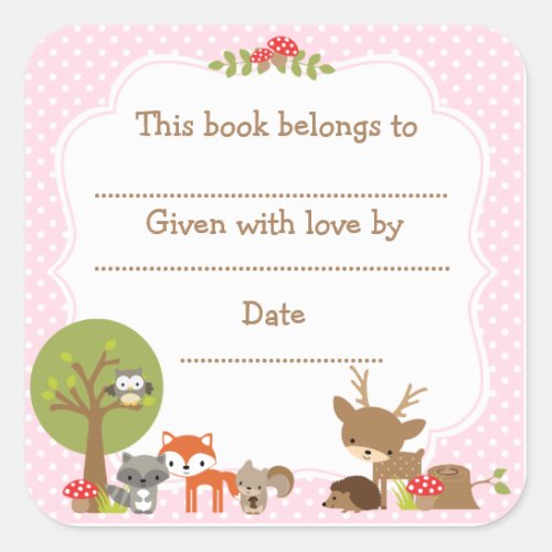 Woodland Baby Shower Bookplate sticker pink