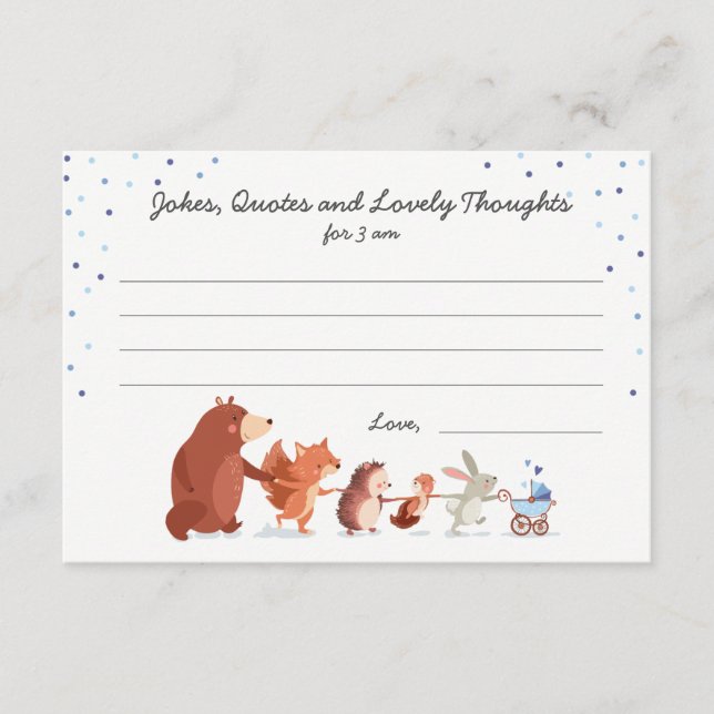 Woodland baby shower Boy Blue Diapers game card (Front)