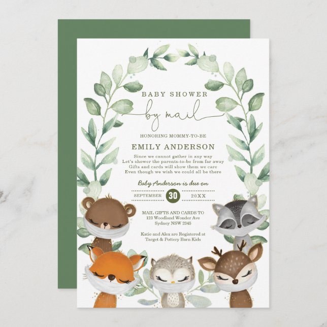Woodland Baby Shower By Mail Greenery Quarantine Invitation (Front/Back)