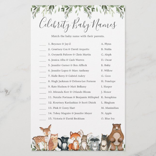 Woodland Baby Shower Celebrity Baby Names Game (Front)