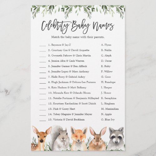 Woodland Baby Shower Celebrity Baby Names Game