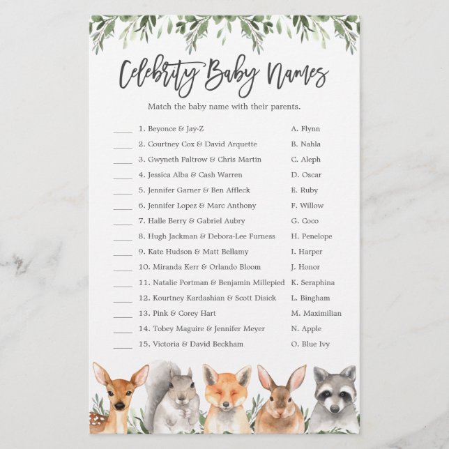Woodland Baby Shower Celebrity Baby Names Game (Front)
