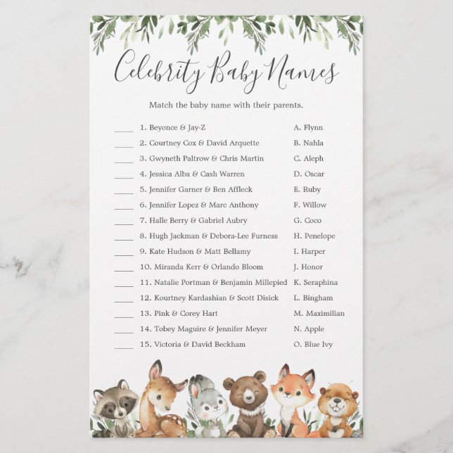 Woodland Baby Shower Celebrity Baby Names Game (Front)