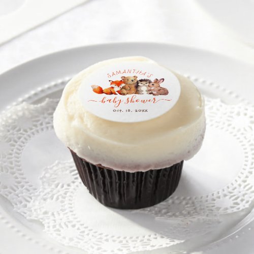 Woodland Baby Shower Cute Animals Red Handwriting Edible Frosting Rounds
