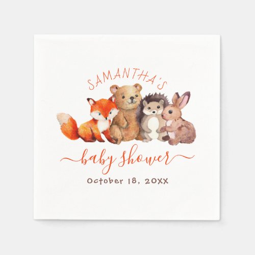 Woodland Baby Shower Cute Animals Red Handwriting  Napkins