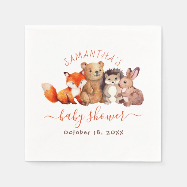 Woodland Baby Shower Cute Animals Red Handwriting  Napkins (Front)