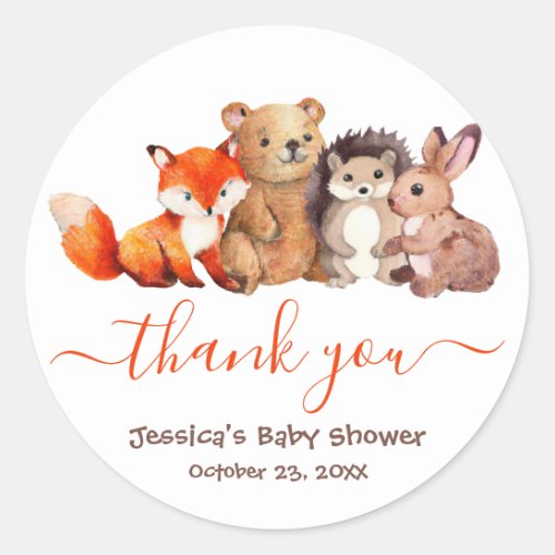 Woodland Baby Shower Cute Animals Thank You Script Classic Round Sticker