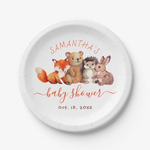 Woodland Baby Shower Cute Forest Animal Red Script Paper Plates