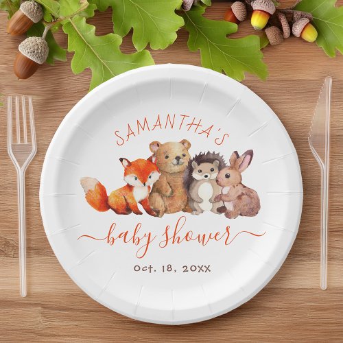 Woodland Baby Shower Cute Forest Animal Red Script Paper Plates