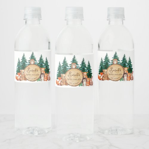 Woodland Baby Shower Cute Forest Animals Pine Wood Water Bottle Label