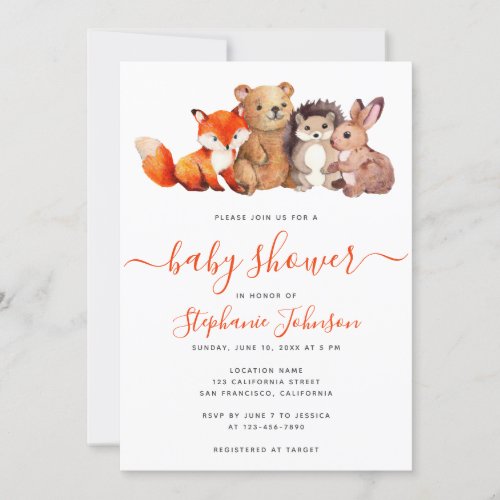 Woodland Baby Shower Cute Watercolor Animals Invitation