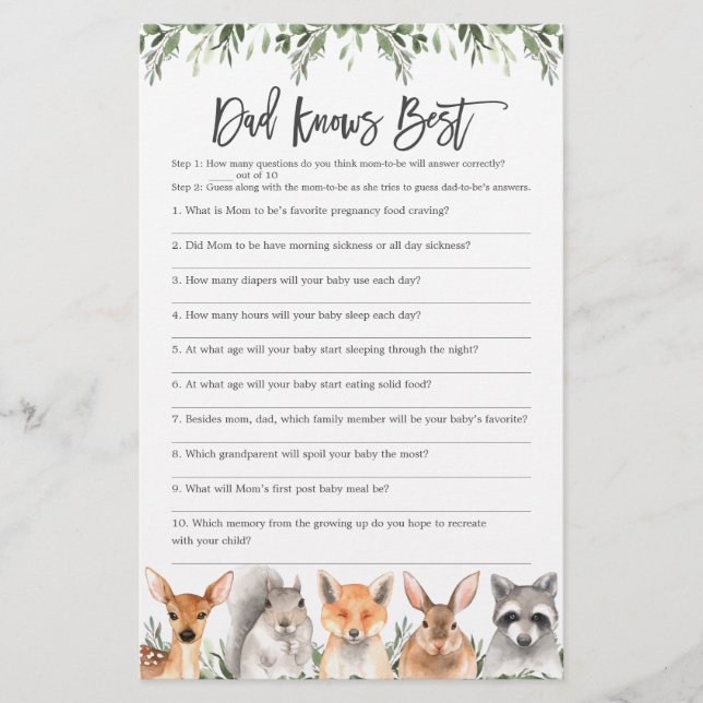 Woodland Baby Shower Dad Knows Best Game (Front)