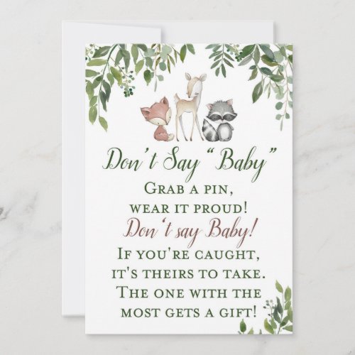 Woodland Baby Shower Dont Say Baby Sign 5x7 Invitation