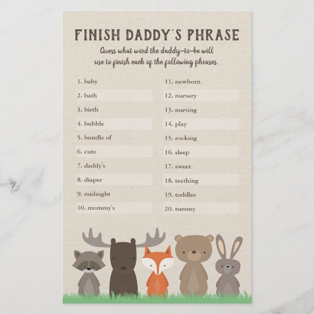 Woodland Baby Shower Finish Daddy's Phrase Game Flyer (Front)