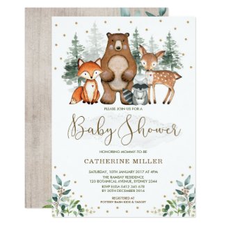 Woodland Baby Shower Forest Animals Greenery Gold Invitation