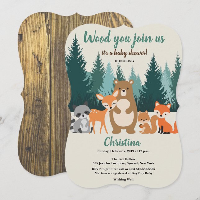 Woodland Baby Shower Forest Animals Greenery Invitation (Front/Back)