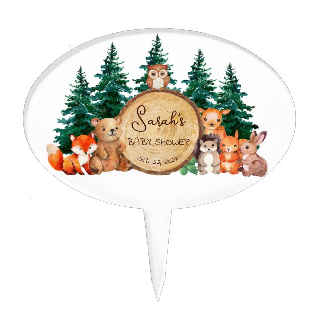 Woodland Baby Shower Forest Animals Pine Wood Log Cake Topper (Front)