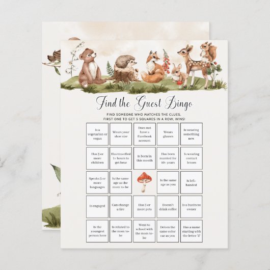 Woodland Baby Shower Game - Find the Guest Bingo (Front/Back)