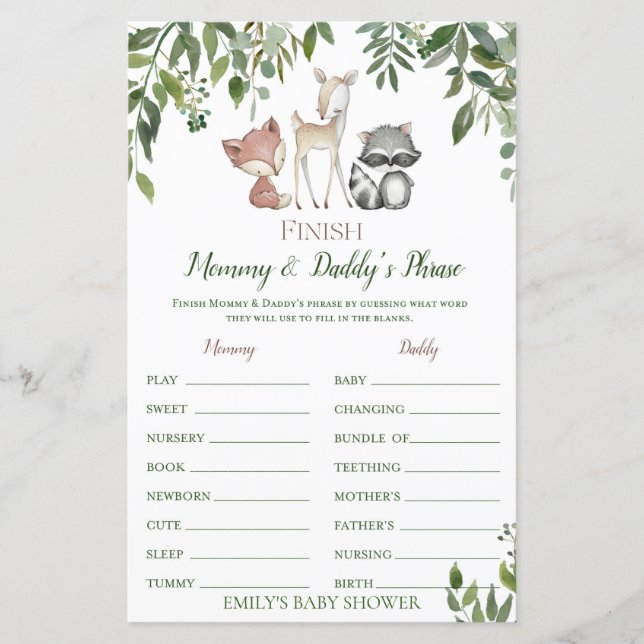 Woodland Baby Shower Game - Finish the Phrase (Front)