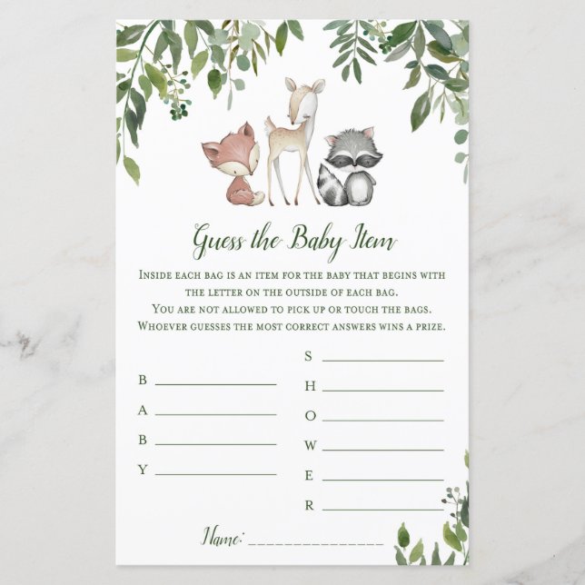 Woodland Baby Shower Game - Guess Baby Item (Front)