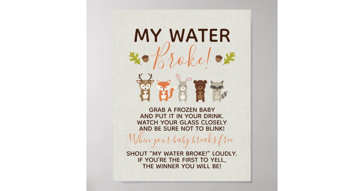 woodland-baby-shower-game-my-water-broke-poster-zazzle
