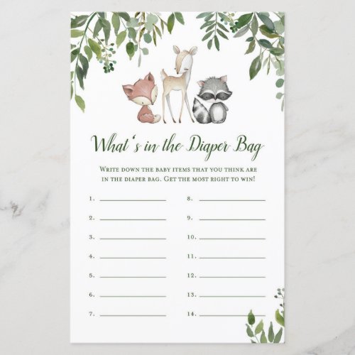 Woodland Baby Shower Game _ Whats in Diaper Bag