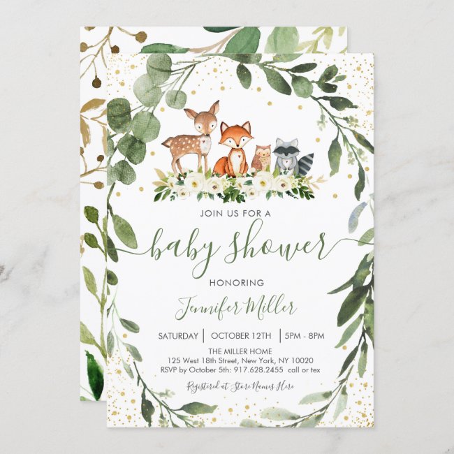 Woodland Baby Shower Greenery Forest Animal Invitation