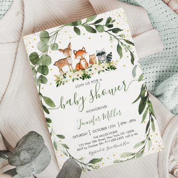 Woodland Baby Shower Greenery Forest Animal Invitation by LittlePrintsParties at Zazzle