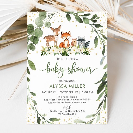 Woodland Baby Shower Greenery Forest Animal Invitation | Zazzle