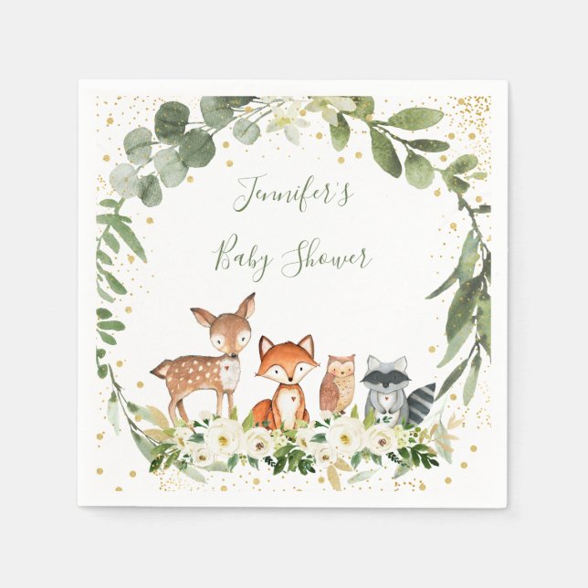 Woodland Baby Shower Greenery Forest Animal Napkins (Front)