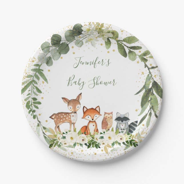 Woodland Baby Shower Greenery Forest Animal Paper Plates (Front)