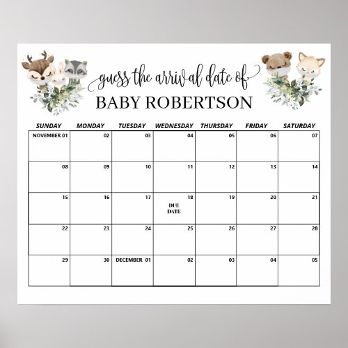 Woodland Baby Shower Guess Due Date Calendar Poster