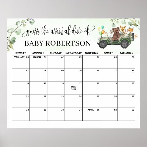 Woodland Baby Shower Guess Due Date Calendar Poster