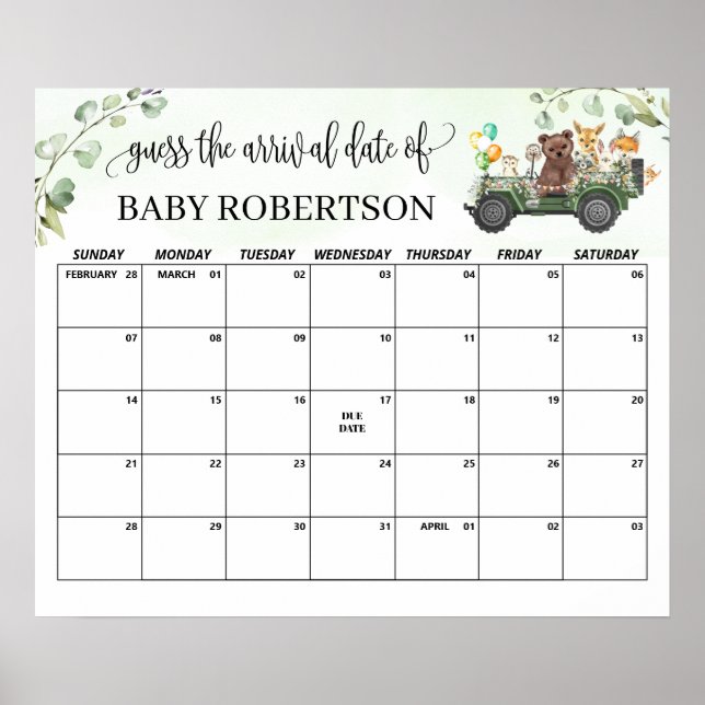 Woodland Baby Shower Guess Due Date Calendar Poster (Front)