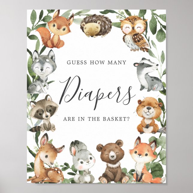 Woodland Baby Shower Guess How Many Diapers Sign (Front)