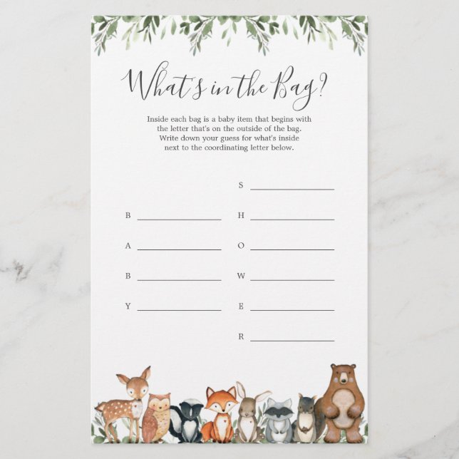 Woodland Baby Shower Guess What's in the Bag Game (Front)