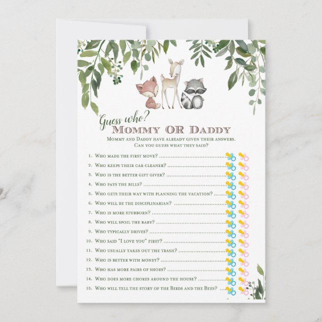 Woodland Baby Shower Guess who mom or dad game Invitation (Front)