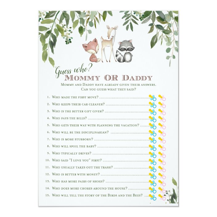 Woodland Baby Shower Guess Who Mom Or Dad Game Invitation Zazzle Com