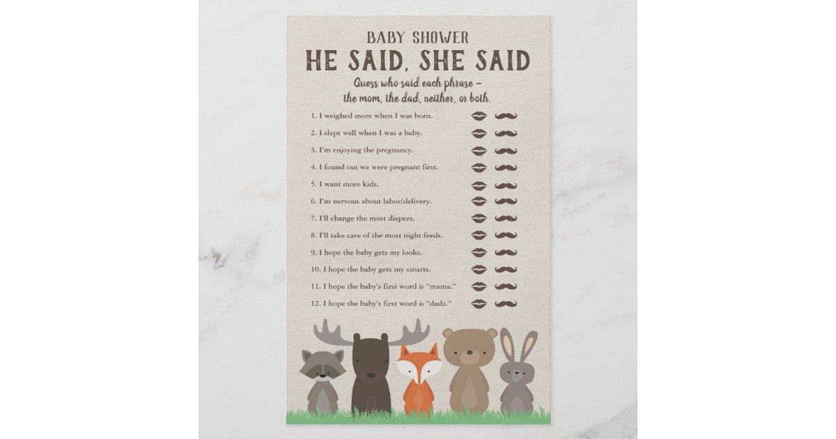Woodland Baby Shower He Said She Said Game Cards Zazzle Com