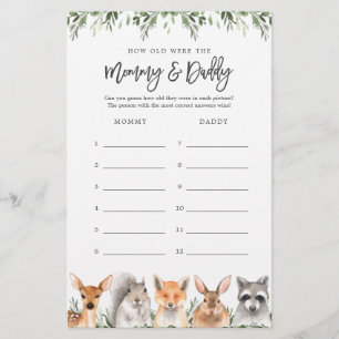 Woodland Baby Shower How Old Were They Game Card