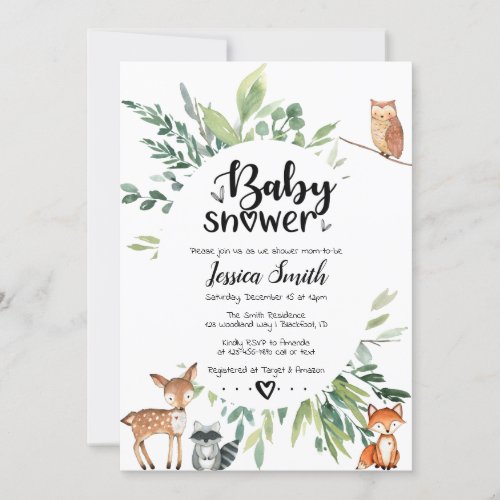 Woodland Baby Shower Invitation Animals Greenery