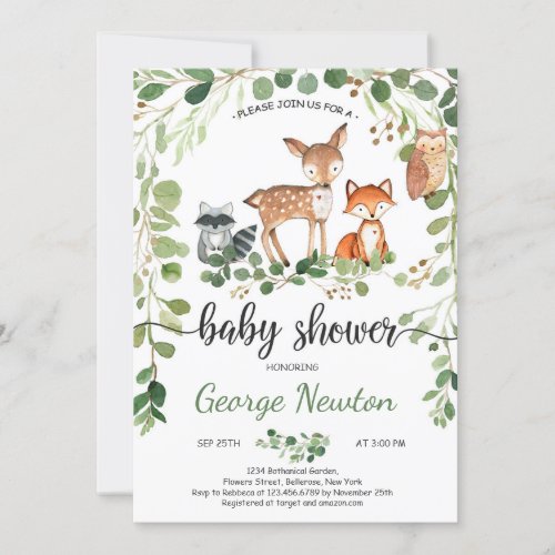 Woodland baby Shower Invitation Animals Greenery