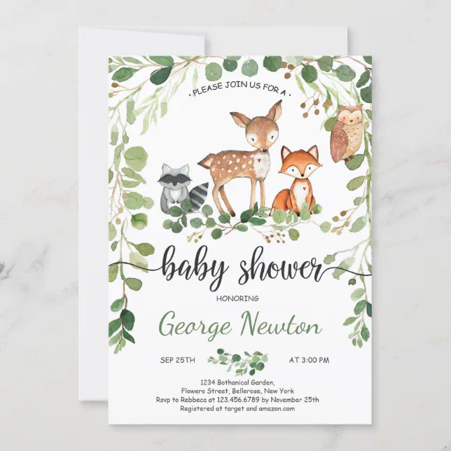 Woodland baby Shower Invitation Animals Greenery | Zazzle