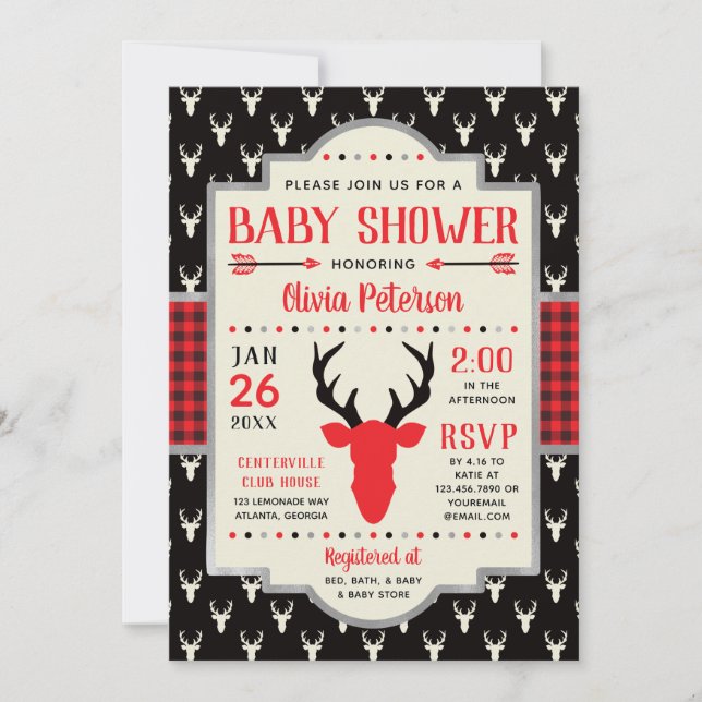 Woodland Baby Shower Invitation, Buffalo Plaid Invitation (Front)
